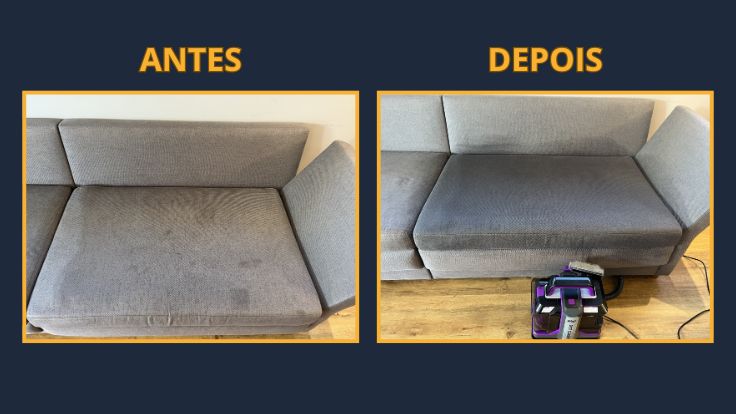 Foto antes e depois da limpeza no sofá
